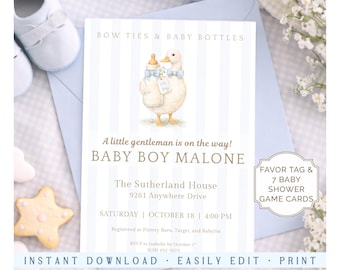 Silly Goose Baby Shower Invitation Template Digital Baby Boy Party Printable Blue Stripe Favor Tag Editable Design PDF Baby Shower Games