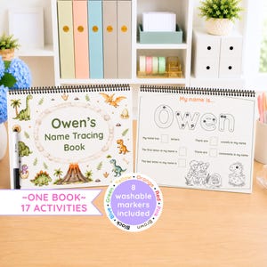 May include: A spiral-bound name tracing book featuring dinosaur illustrations, a volcano, and the text Owen's Name Tracing Book. The open page shows the text My name is Owen with tracing guides, activity boxes, and a black marker included.