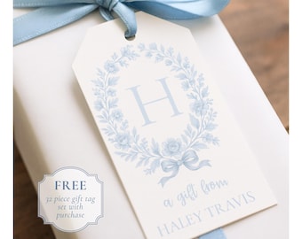 Monogram Watercolor Wreath Gift Tag Digital Download Printable Favor Card Chinoiserie Floral Baby Shower Baptism Card Hostess Custom Tags