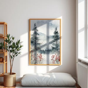 Póster de acuarela de invierno, destellos de nieve y toque de frutos rojos.