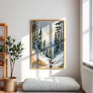 Afiche navideño de acuarela de invierno, bosque nevado y atmósfera mágica.