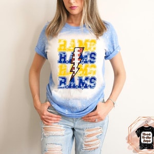 Camisas Rams, camiseta esportiva, camiseta esportiva branqueada, camisa do mascote Rams, roupa do espírito Ram, camisa do espírito escolar, futebol Rams, esportes de equipe