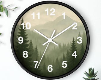 Minimalist Wall Clock Foggy Forest Mountains Nature Lover Gift Bedroom Decor Woodland Decorations Neutral Green Tones Office Decor Pine Tree