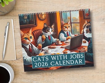 Funny 2026 Cat Wall Calendar Cats with Jobs Cat Lover Gift Yearly Calendar New Year Funny Christmas Gag Gift Exchange Cat Mom Gifts for Her