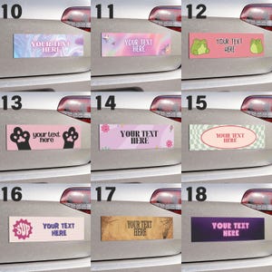 Pu&ograve; includere: Un set di 10 magneti per auto personalizzabili con diversi design. I magneti presentano vari colori, motivi e grafiche, tra cui una rana, un'impronta di zampa di gatto e un teschio e ossa incrociate. Ogni magnete ha uno spazio per testo personalizzato, come "YOUR TEXT HERE".