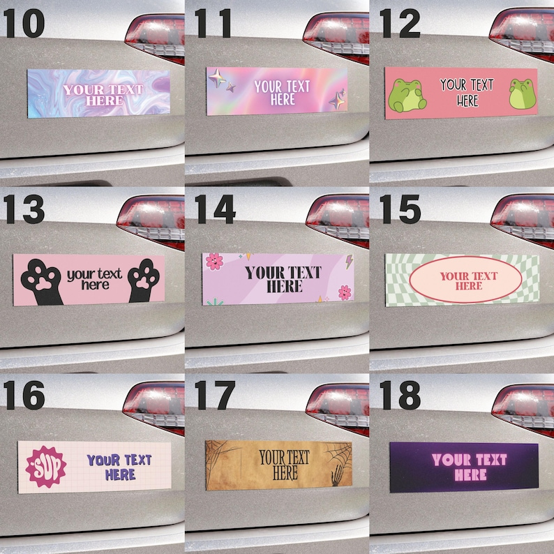 Pu&ograve; includere: Un set di 10 magneti per auto personalizzabili con diversi design. I magneti presentano vari colori, motivi e grafiche, tra cui una rana, un'impronta di zampa di gatto e un teschio e ossa incrociate. Ogni magnete ha uno spazio per testo personalizzato, come "YOUR TEXT HERE".