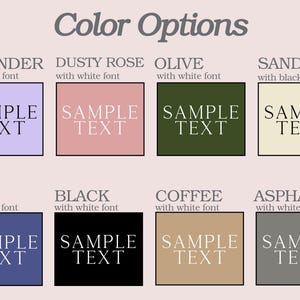 Peut inclure: Options de couleurs pour un produit avec le texte "SAMPLE TEXT" en diff&eacute;rentes couleurs, notamment lavande, rose poudr&eacute;, olive, sable, marine, noir, caf&eacute; et asphalte.