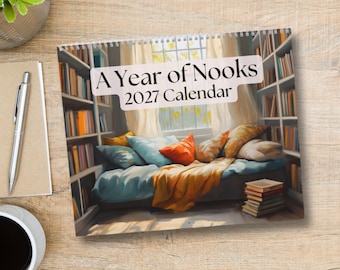 Calendario de pared acogedor con temática de libros 2027. Regalos literarios para mujeres lectoras. Regalo para amantes de los libros. Calendario de lectura. Club de lectura. Bibliotecarios. Regalos de Navidad. Gusanos de los libros.