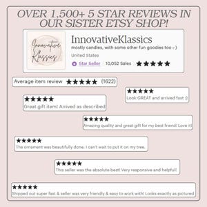 Puede incluir: Captura de pantalla de la p&aacute;gina de rese&ntilde;as de una tienda de Etsy. La tienda se llama InnovativeKlassics y tiene m&aacute;s de 1.500 rese&ntilde;as de cinco estrellas. La rese&ntilde;a promedio del art&iacute;culo de la tienda es de cinco estrellas. Las rese&ntilde;as son positivas y elogian los productos y el servicio al cliente de la tienda.