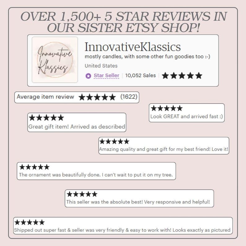 Puede incluir: Captura de pantalla de la p&aacute;gina de rese&ntilde;as de una tienda de Etsy. La tienda se llama InnovativeKlassics y tiene m&aacute;s de 1.500 rese&ntilde;as de cinco estrellas. La rese&ntilde;a promedio del art&iacute;culo de la tienda es de cinco estrellas. Las rese&ntilde;as son positivas y elogian los productos y el servicio al cliente de la tienda.