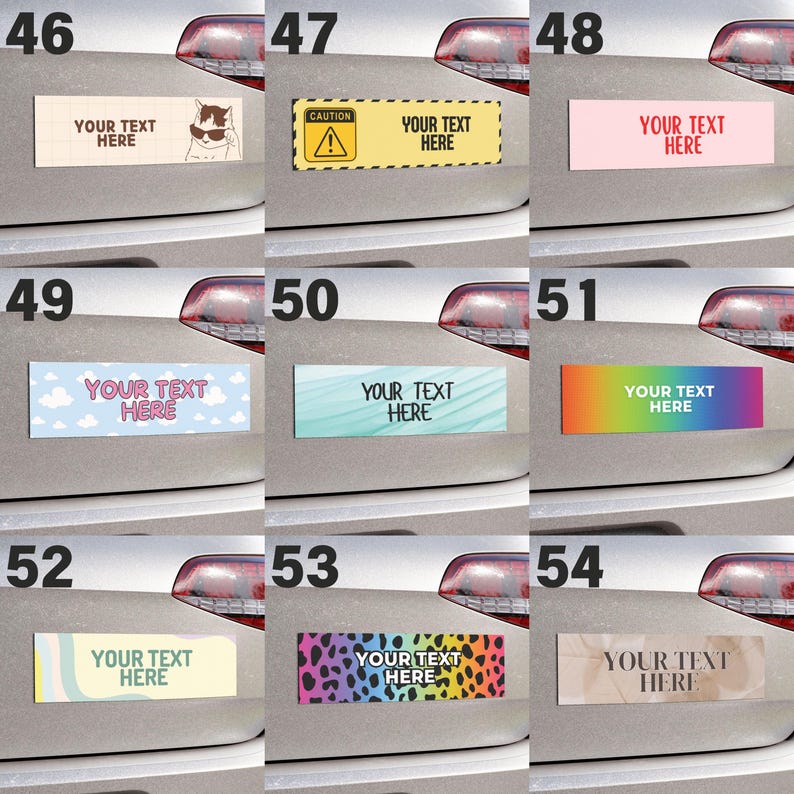 Pu&ograve; includere: Un set di 10 magneti per auto diversi con vari design. I magneti presentano una variet&agrave; di colori e motivi, tra cui nuvole, arcobaleni, stampe animalier e design astratti. Ogni magnete ha il testo "YOUR TEXT HERE" stampato su di esso.