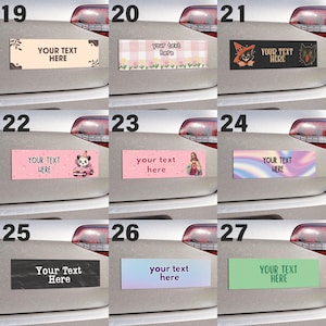 Pu&ograve; includere: Un set di 9 adesivi per paraurti auto con vari design. Gli adesivi presentano diversi motivi, colori e immagini, tra cui un panda, una strega, una figura religiosa e un arcobaleno. Ogni adesivo ha uno spazio per testo personalizzato.