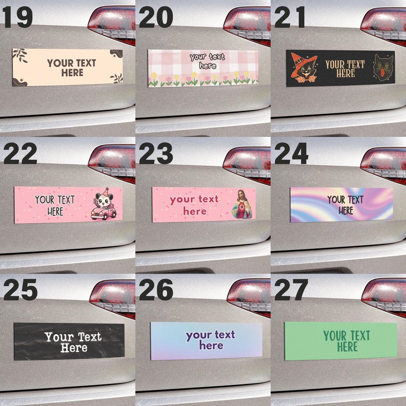Pu&ograve; includere: Un set di 9 adesivi per paraurti auto con vari design. Gli adesivi presentano diversi motivi, colori e immagini, tra cui un panda, una strega, una figura religiosa e un arcobaleno. Ogni adesivo ha uno spazio per testo personalizzato.