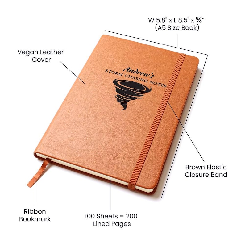 Regalos divertidos para cazadores de tormentas. Diario de cuero vegano personalizado para amantes de las tormentas, observadores, meteorólogos, meteorólogos, tornados. imagen 4