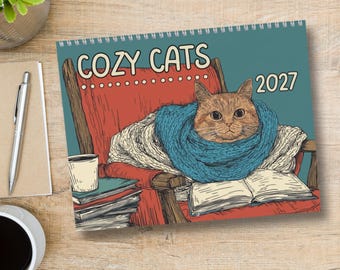 Cat Wall Calendar 2027 Cute Cats with Books Monthly Calendar Cat Lover Gifts Reading Gifts Bookish Bookworm Gifts Cat Art Christmas Presents