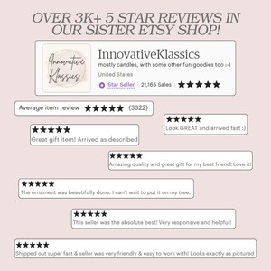 May include: Image of an Etsy shop review page. The shop name is InnovativeKlassics, a Star Seller with over 21,000 sales. The reviews are all 5-star rated, with comments like "Great gift item! Arrived as described."