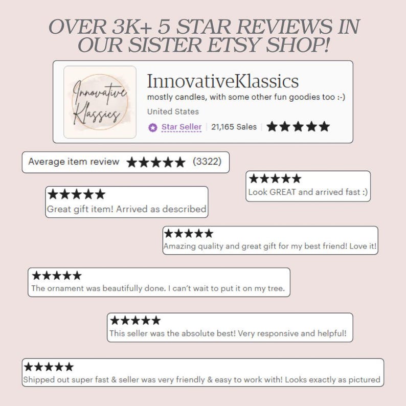May include: Image of an Etsy shop review page. The shop name is InnovativeKlassics, a Star Seller with over 21,000 sales. The reviews are all 5-star rated, with comments like "Great gift item! Arrived as described."