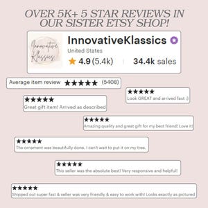 Puede incluir: Gr&aacute;fico rosa claro con texto y rese&ntilde;as de clientes. El texto dice "OVER 5K+ 5 STAR REVIEWS IN OUR SISTER ETSY SHOP!" e "InnovativeKlassics". Las rese&ntilde;as son valoraciones de cinco estrellas con comentarios positivos.