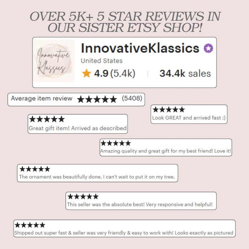 Puede incluir: Gr&aacute;fico rosa claro con texto y rese&ntilde;as de clientes. El texto dice "OVER 5K+ 5 STAR REVIEWS IN OUR SISTER ETSY SHOP!" e "InnovativeKlassics". Las rese&ntilde;as son valoraciones de cinco estrellas con comentarios positivos.