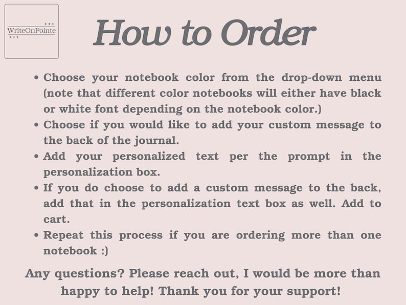 Puede incluir: C&oacute;mo hacer un pedido: Una imagen de texto con instrucciones sobre c&oacute;mo pedir un cuaderno personalizado. Las instrucciones incluyen elegir un color de cuaderno, agregar un mensaje personalizado y agregar texto personalizado.