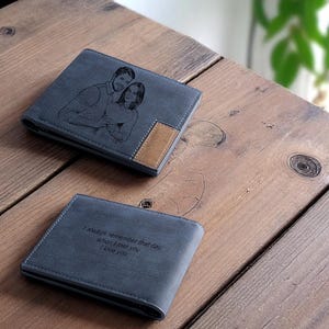 Regalo para esposo, papá o novio. Cartera con foto personalizada para hombre. Cartera de cuero azul marino personalizada con grabado láser.
