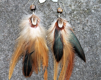 Feather Earrings / Rooster Guinea Feathers / Tigers Eye Jewellery / Long Feather Earrings / Cruelty Free Earrrings / Festival Style / Nature