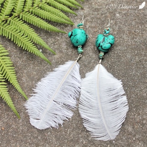 Feather Earrings / Turquoise Boho Earrings / Ostrich Feathers / Long Natural Feather Earrings / Festival Jewellery / Bohemian Wedding