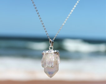 Angel Aura Necklace / Sterling Silver Quartz Necklace / Raw Rainbow Crystal / Titanium Quartz Pendant / Healing Necklace / Crystal Jewelry