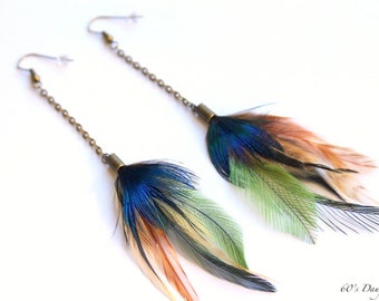 Rooster Feather & Peacock Feather Bronze Dangle Earrings  - CRUELTY FREE