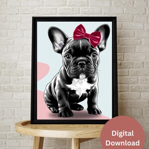 Bulldog francese, decorazione da parete per bambini, stampa Bulldog, cane rosa, civetta, stampa digitale, bulldog francese, decorazione da parete per cameretta dei bambini, cucciolo, fiocco rosa, cane, fai da te