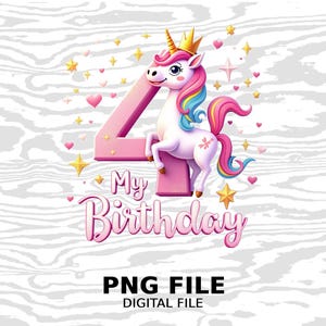 4th Birthday Unicorn Girl PNG File: Party Download