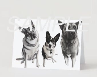 Gratulationskort, Hund, Akita, Schäfer, tassavtryck, Australian Shepherd, Cattle Dog, Svartvitt, hundskiss, personligt, Tomt kort