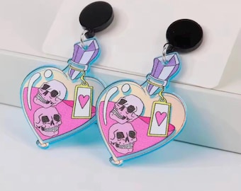 Love Potion Earrings, Skull Medicine Bottle Dangle Earrings, Gothic Fashion Jewelry