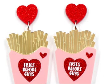 Fries Before Guys Earrings, Pink and Gold, Valentine's Day Earrings