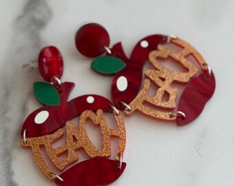 Teacher Earrings,  apple design with glitter letters