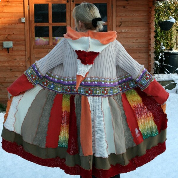 Crazy Multi Color Patchwork Pixie COAT UPCYCLED Boho Gypsy Recycled Sweaters Elf Hood - Made in England