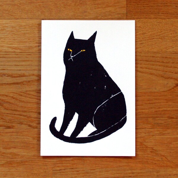 SALE: Black Cat - hand coloured screen-print - LAST ONE