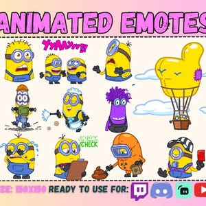 Twitch 12 MINION EMOTE Bundle Animated Pack Sub Emoticon/Anime Minions Cartoon Dj Music Gru svg King Hype flex Happy boy Set/Streaming Emoji