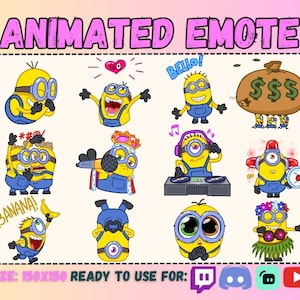 Twitch 13 MINION EMOTE Bundle Animated Pack Sub Emoticon/Anime Minions Cartoon Dj Music Gru svg King Hype flex Happy boy Set/Streaming Emoji