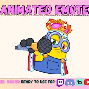 Twitch SZCZĘŚLIWY KRÓL MINIONÓW Serce Emotka Animowana Sub Emotka/Żółte Minionki Tale Emotka Chłopiec Mężczyzna/Sztuczka Magia Pop Mrugnięcie Mikrofon Upuszczenie/Streaming Emoji