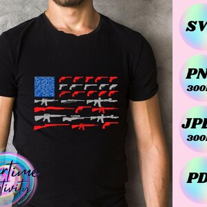 May include: Black t-shirt featuring a graphic of the American flag, with guns replacing the stars and stripes. The design includes red, white, and gray firearms. The shirt is worn by a person.