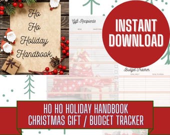 May include: Printable Christmas gift and budget tracker with a red and white holiday theme. The printable includes the text "Ho Ho Holiday Handbook" and "Christmas Gift / Budget Tracker".
