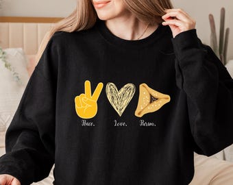 Peace Love Purim Hamentashen Sweatshirt, Purim Sweater, Jewish Holiday Shirt, Jewish Apparel, Purim Sameach, Jewish Gifts