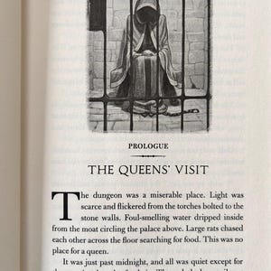 Puede incluir: Una ilustraci&oacute;n de un libro muestra una figura encapuchada tras las rejas de una prisi&oacute;n. La figura est&aacute; sentada, con una capucha que oculta el rostro. El texto superior dice "PROLOGUE" y "THE QUEENS' VISIT".