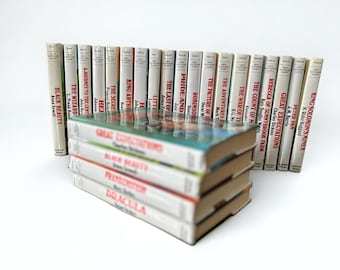 May include: A collection of classic literature books in a white and red color scheme. The books are arranged in a row and stacked in a pile. The titles of the books include "Black Beauty", "Pride and Prejudice", "Great Expectations", "Dracula", and "King Solomon's Mines".