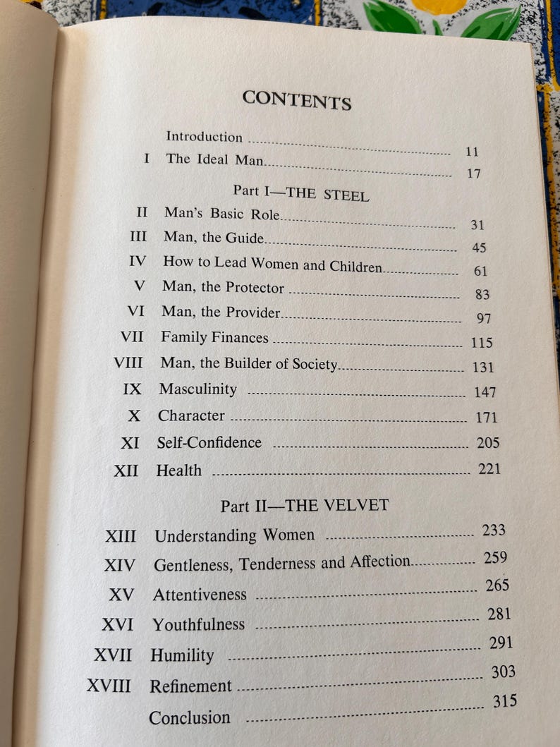 Op de afbeelding: Een open boek met de inhoudsopgave. De tekst bevat hoofdstuktitels zoals "De ideale man", "Mannelijkheid" en "Vrouwen begrijpen". Paginanummers zijn zichtbaar. Het boek ligt op een patroon.