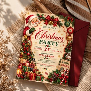 Christmas Party Invitation Template, Vintage Santa Nutcracker Holiday Invite, Retro Red Green Christmas Flyer, Editable Printable Download