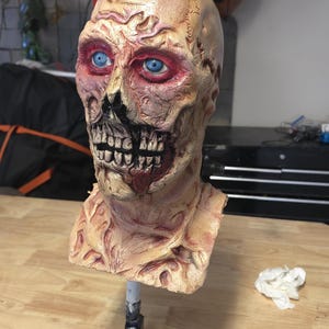 May include: A detailed zombie mask with exposed flesh, a skull-like face, and blue eyes. The mask has a decaying appearance with visible teeth and red accents around the eyes and mouth. A Halloween decoration.