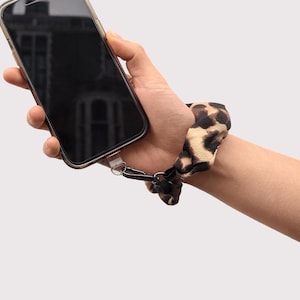Leopard Prints and Black Scrunchie Phone Strap: Elastic Wrist Lanyard