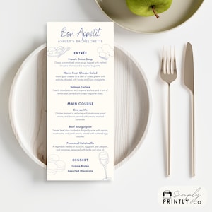 Paris French Blue Bachelorette Menü Karten (Frankreich, Event, Party, Abendessen, Mädels Wochenendreise) Bearbeitbare Digitale Canva Vorlage